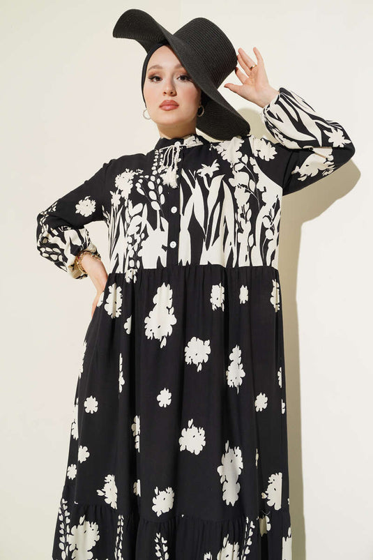 Vestido Estampado Negro Con Cuello De Lazo