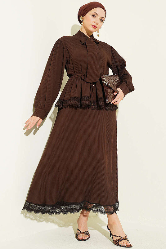 Collared Lace Ribbed Skirt Set with Drawstring Brown