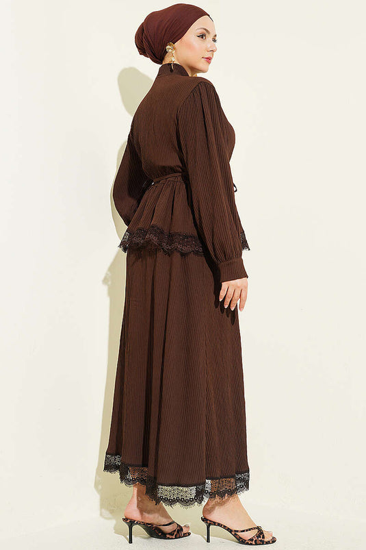 Collared Lace Ribbed Skirt Set with Drawstring Brown
