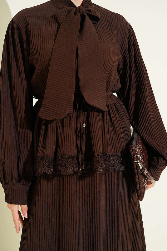 Collared Lace Ribbed Skirt Set with Drawstring Brown
