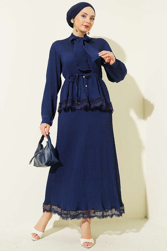 Navy Blue Lace-Trimmed Ribbed Skirt Set with Neck Tie