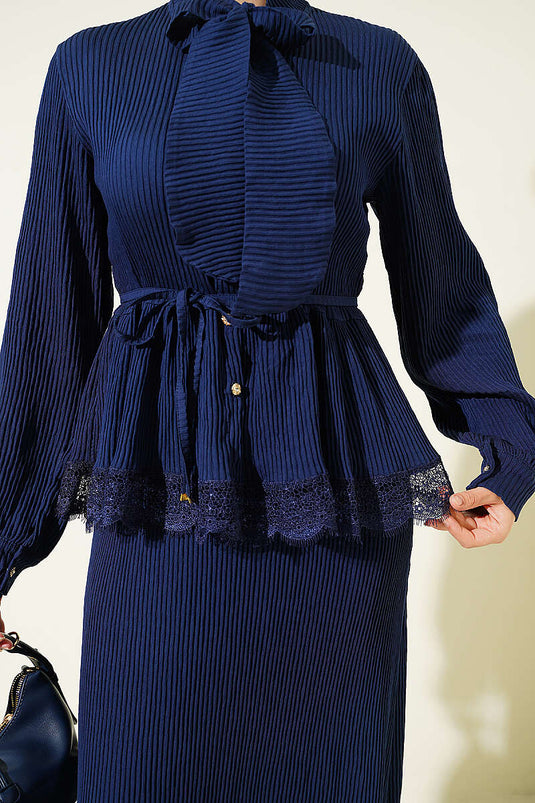 Navy Blue Lace-Trimmed Ribbed Skirt Set with Neck Tie