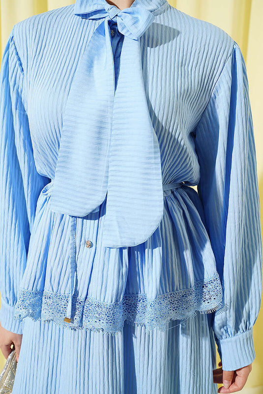 Blue Lace-Up Lace Ribbed Skirt Set
