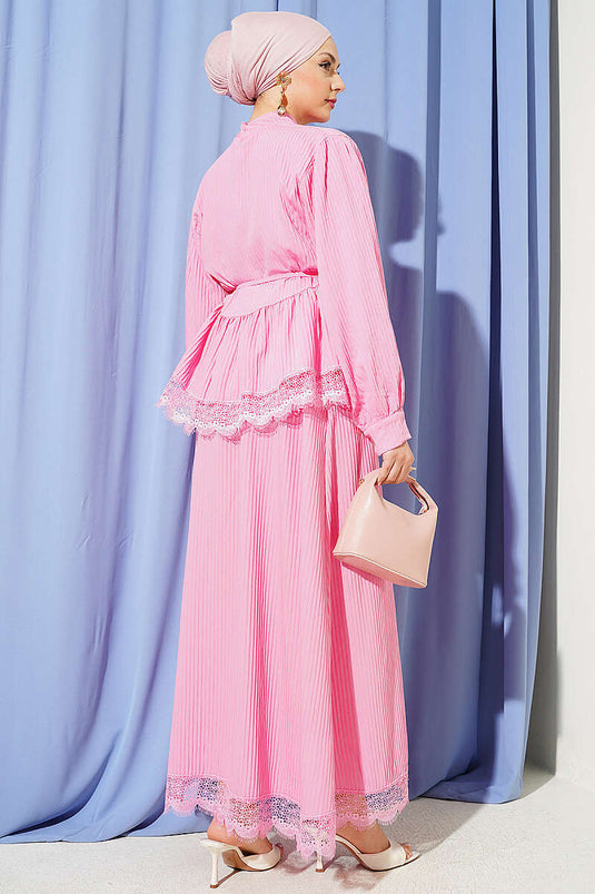 Pink Lace-Trimmed Ribbed Skirt Set with Neck Tie