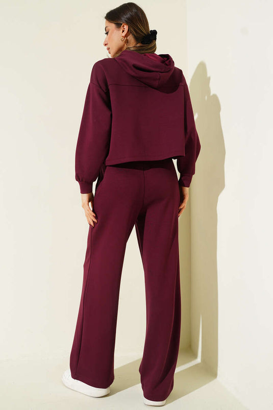 Yaka Bağcıklı Loyşa Sweatshirt İkili Takım Mürdüm