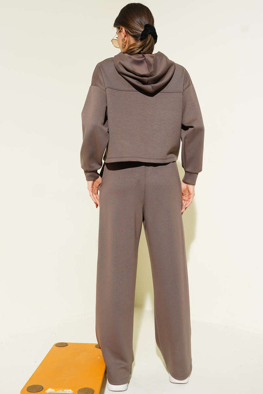 Yaka Bağcıklı Loyşa Sweatshirt İkili Takım Vizon