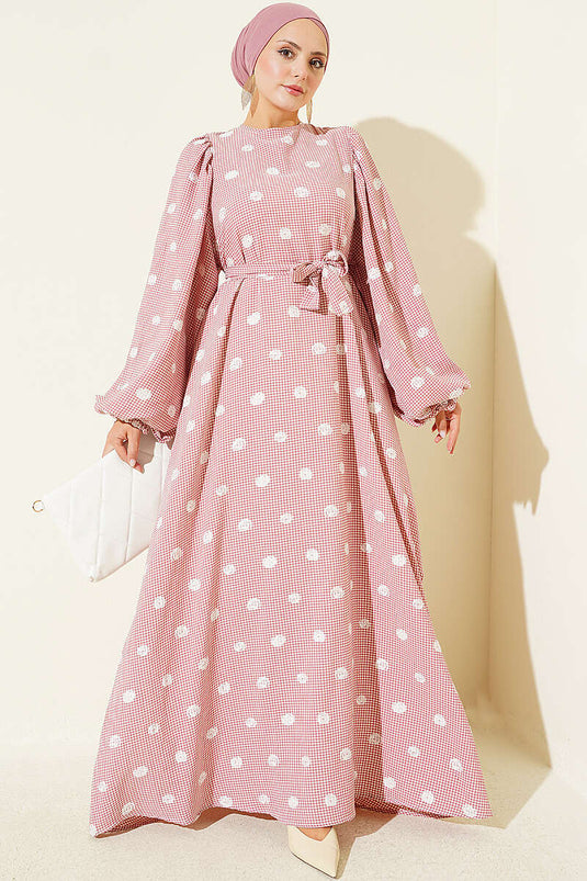 Rüschiges Ballonarm Kleid Mit Bindeband In Rose Beige