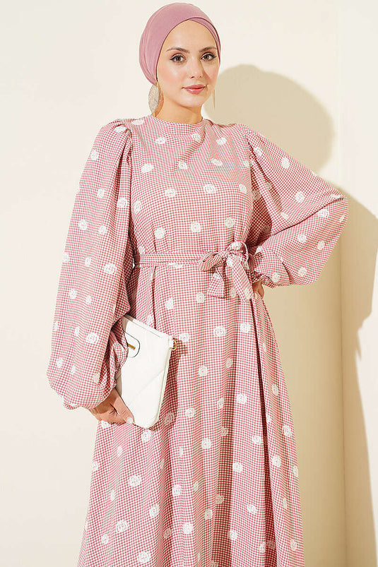 Rüschiges Ballonarm Kleid Mit Bindeband In Rose Beige