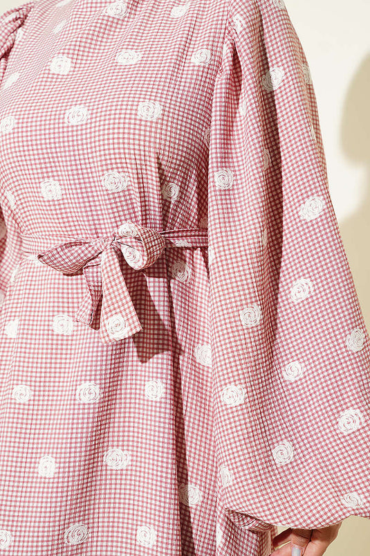 Rüschiges Ballonarm Kleid Mit Bindeband In Rose Beige