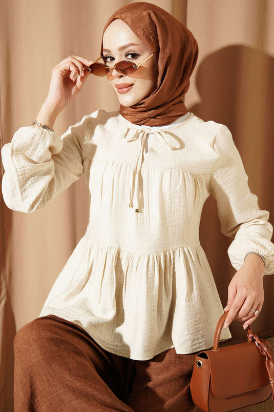 Blouse Beige À Nœud Et Manches Élastiquées