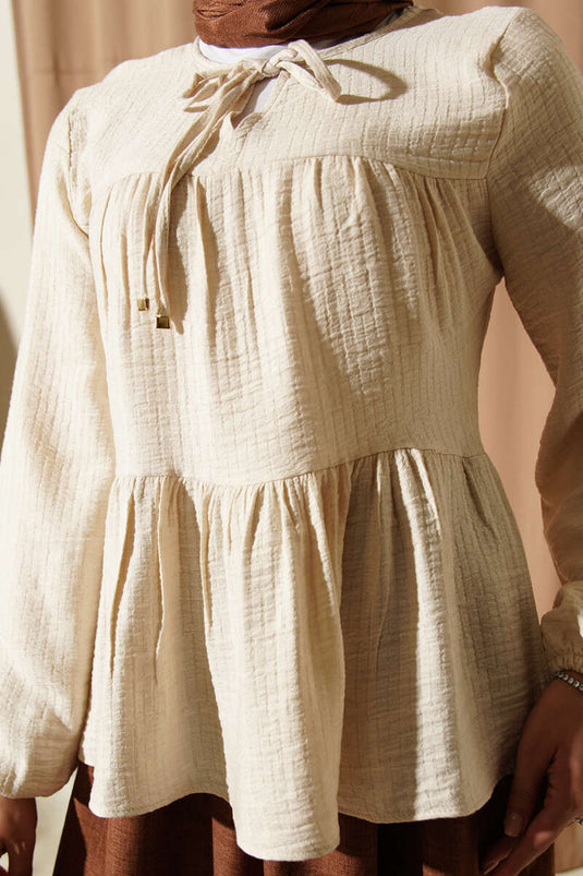 Blouse Beige À Nœud Et Manches Élastiquées