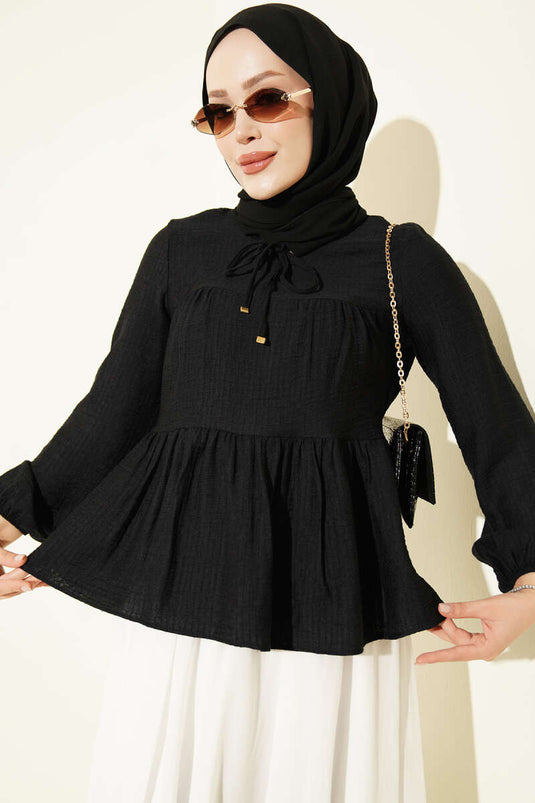 Blouse Noire Modest Fashion À Nœud Et Manches Courtes