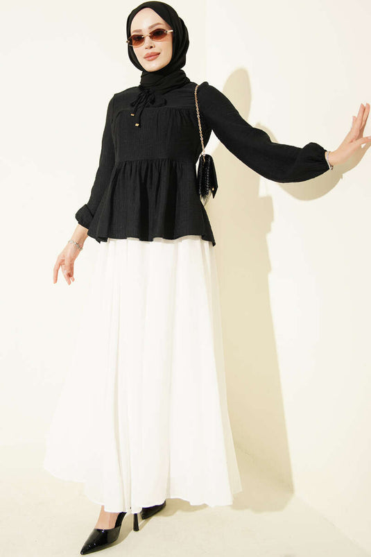 Blouse Noire Modest Fashion À Nœud Et Manches Courtes