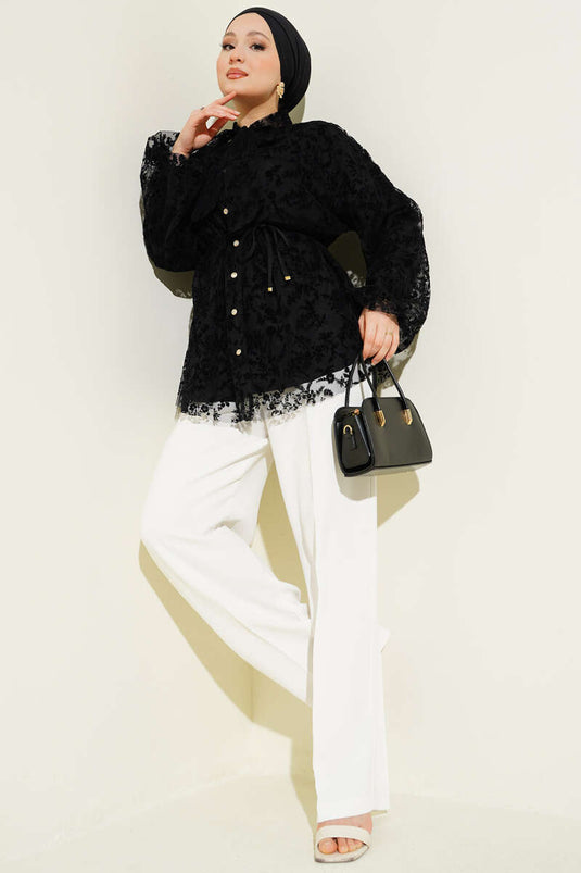 Yaka Bağlamalı Dantelli Gömlek Siyah