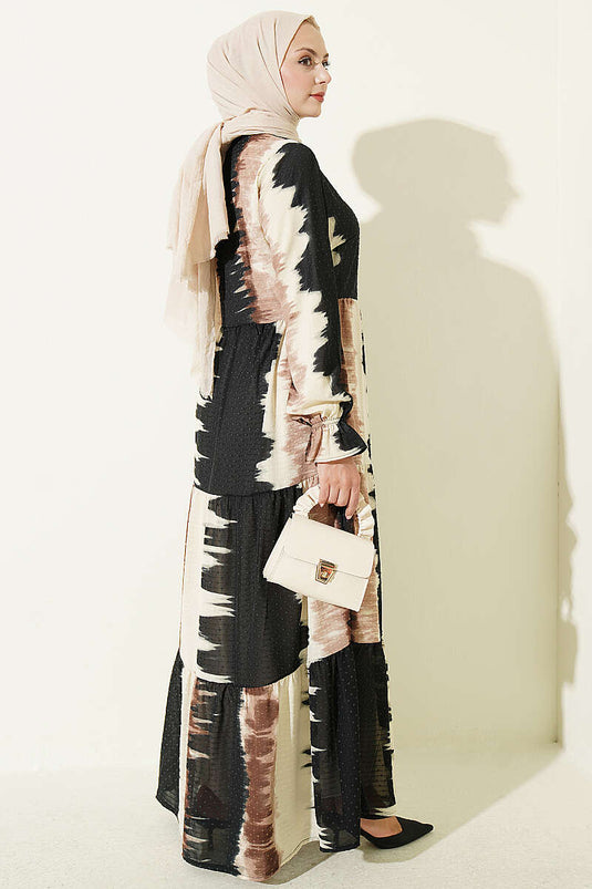 Gemustertes Kleid Mit Bindeband In Kaffee