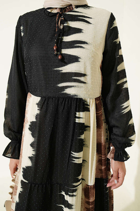 Gemustertes Kleid Mit Bindeband In Kaffee