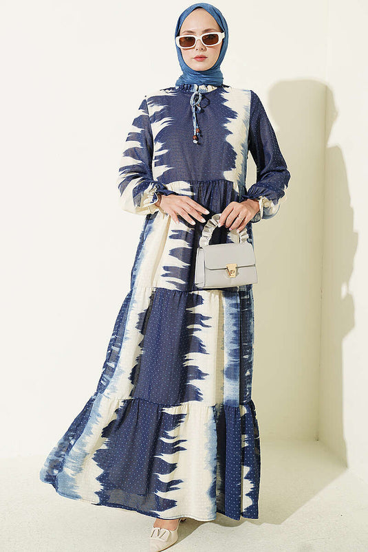 Marine Musterkleid Mit Bindeband