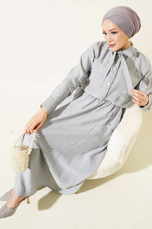 Yaka Bağlamalı Düğmeli Etekli İkili Takım Gri