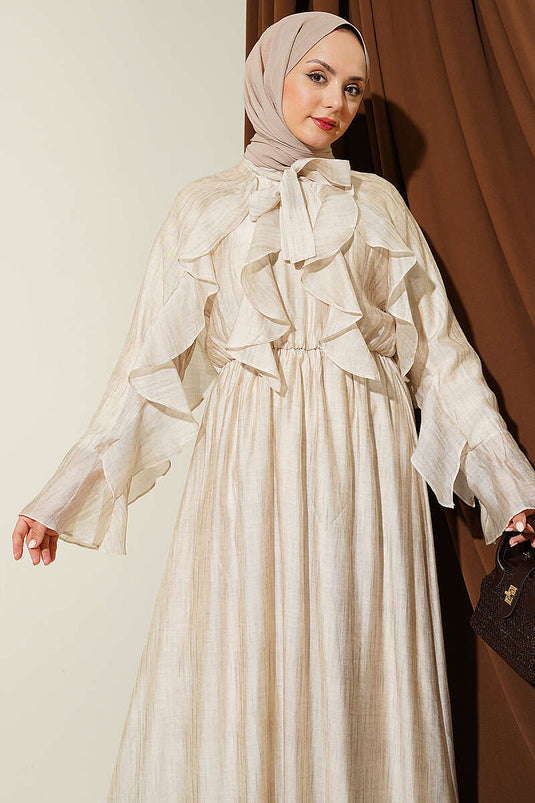 Robe beige à volants avec col noué