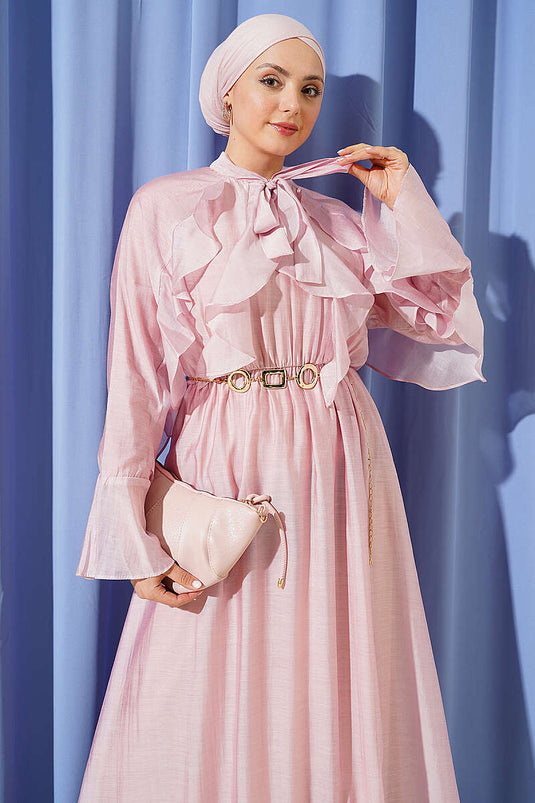 Robe à volants avec col noué rose