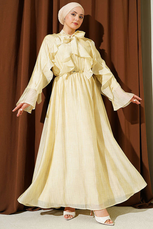 Robe à volants avec col noué jaune