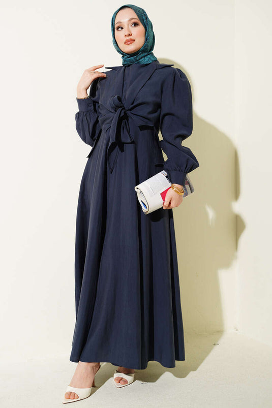 Collared Tie-Waist Jumper Dress Navy Blue