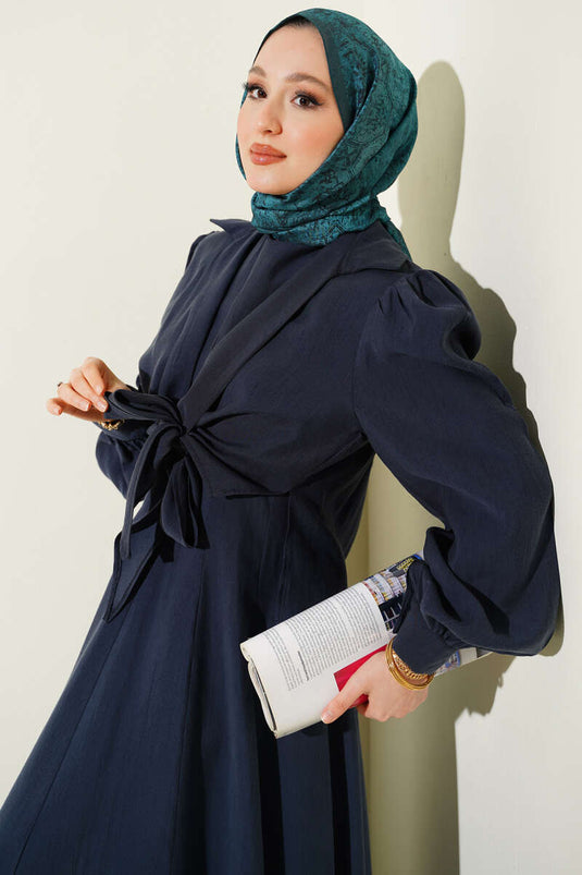 Collared Tie-Waist Jumper Dress Navy Blue