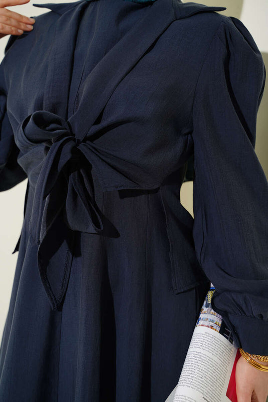 Collared Tie-Waist Jumper Dress Navy Blue