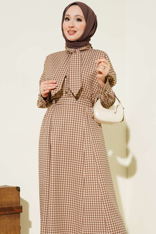 Beige Set with Tie Collar and Checked Skirt