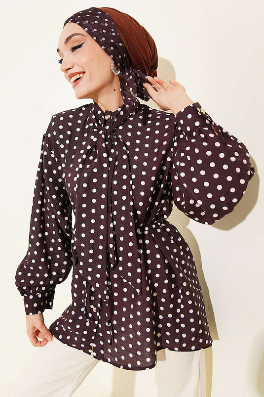 Tie-Neck Polka Dot Shirt in Dark Brown