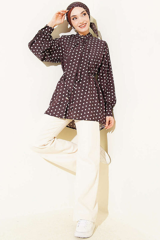 Tie-Neck Polka Dot Shirt in Dark Brown