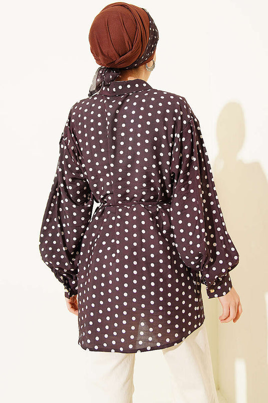 Tie-Neck Polka Dot Shirt in Dark Brown