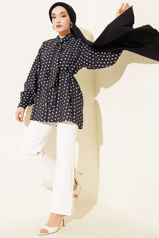 Black Polka Dot Shirt with Tie Neck