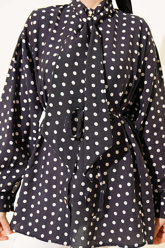 Black Polka Dot Shirt with Tie Neck