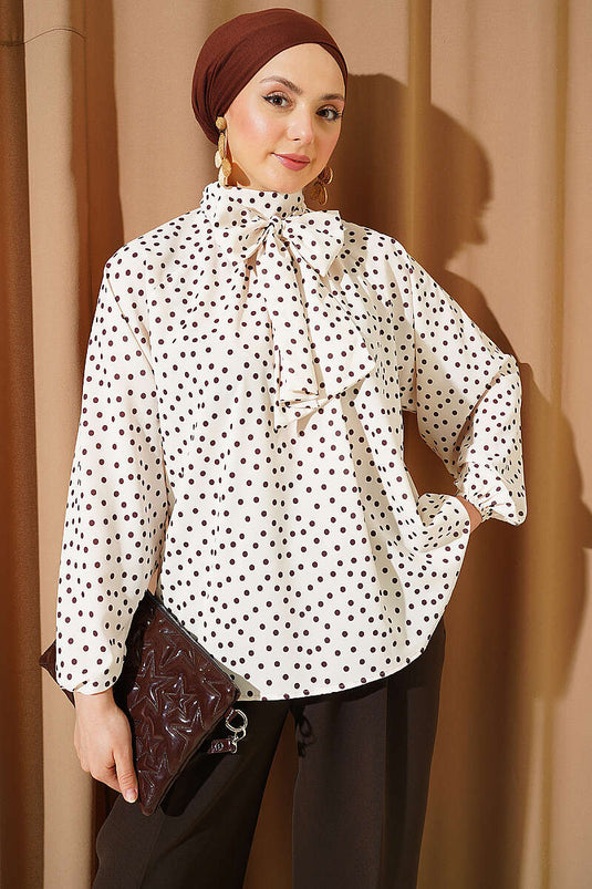 Tunique beige à pois avec col noué