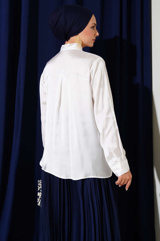 Yaka Bağlamalı Saten Gömlek Beyaz