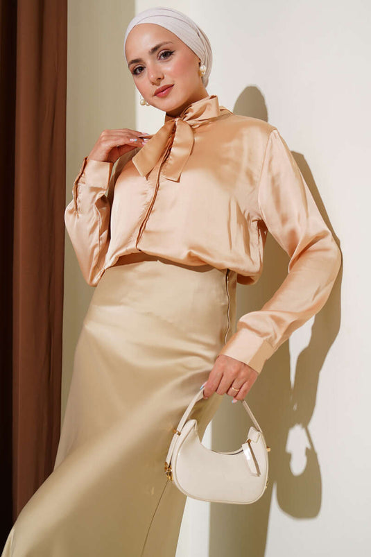 Yaka Bağlamalı Saten Gömlek Camel