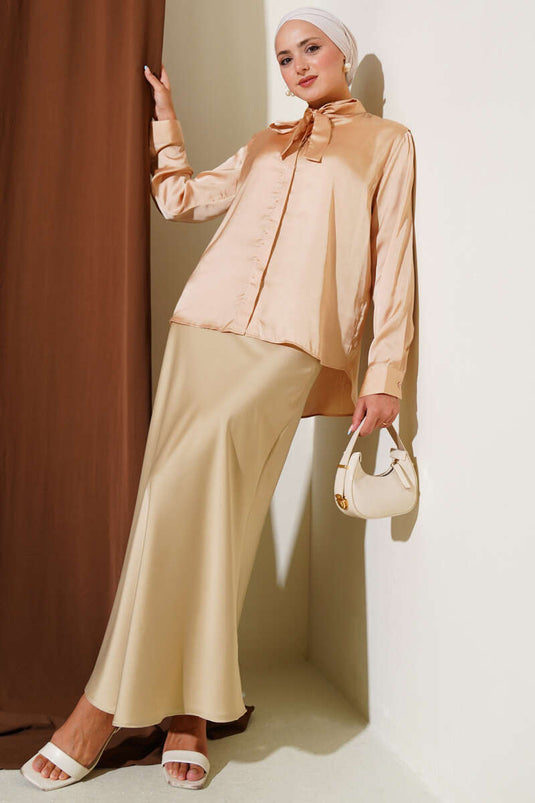 Yaka Bağlamalı Saten Gömlek Camel