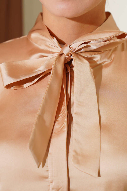 Yaka Bağlamalı Saten Gömlek Camel