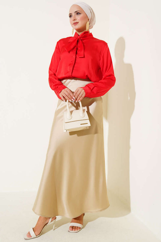 Red Satin Shirt with Tie Collar