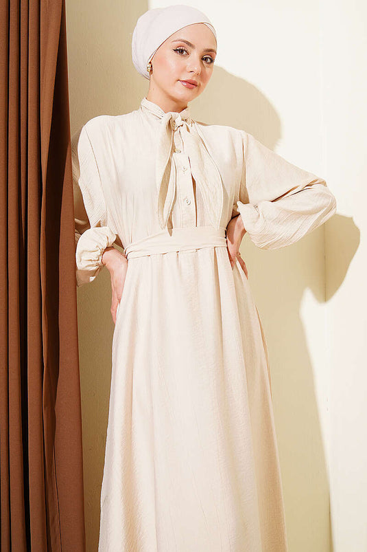 Beige Half-Button Dress with Tie Neck