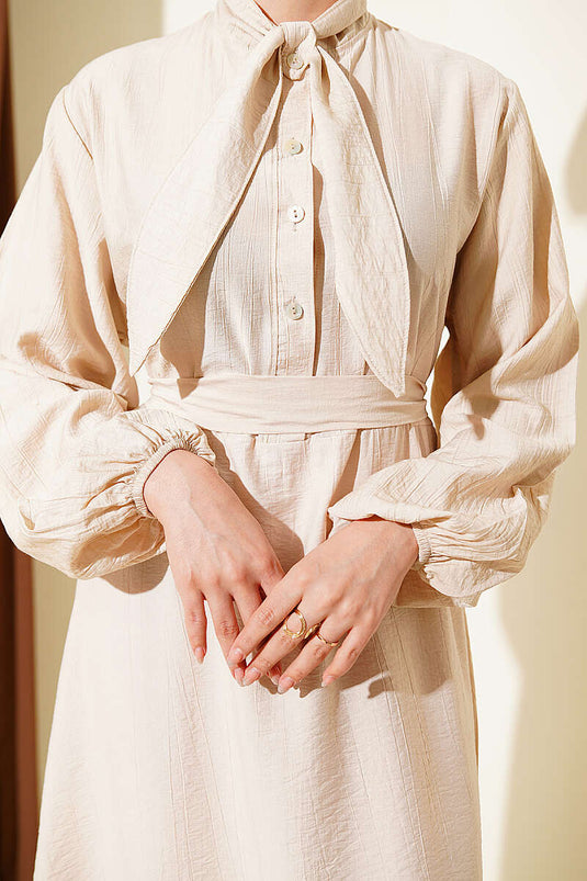 Beige Half-Button Dress with Tie Neck