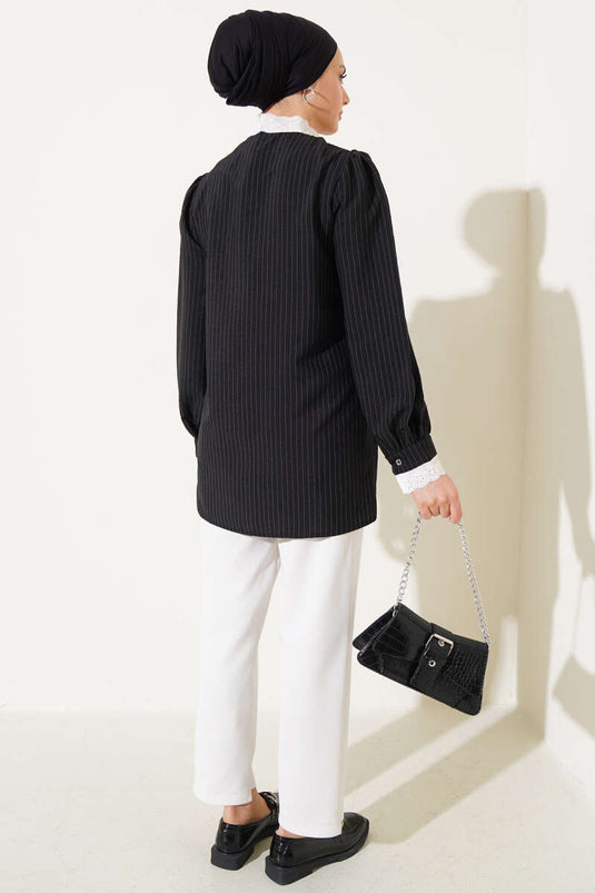 Yaka Brodeli Çizgili Gömlek Siyah