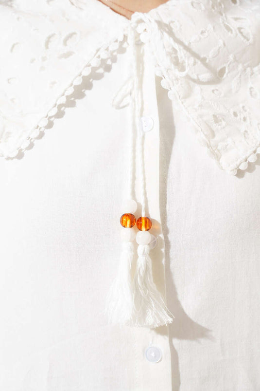 Collar Embroidered Tassel String Shirt White