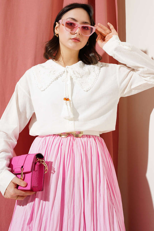 Collar Embroidered Tassel String Shirt White