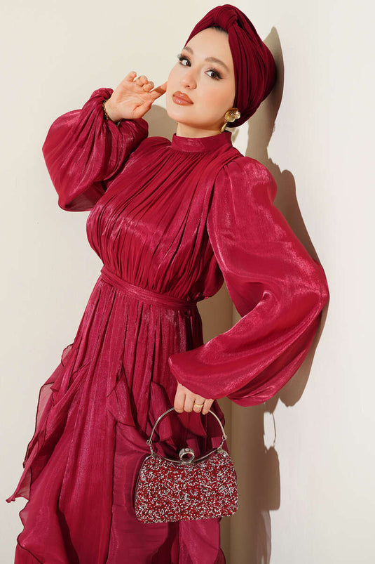 Robe de soirée bordeaux à volants avec fronces au col