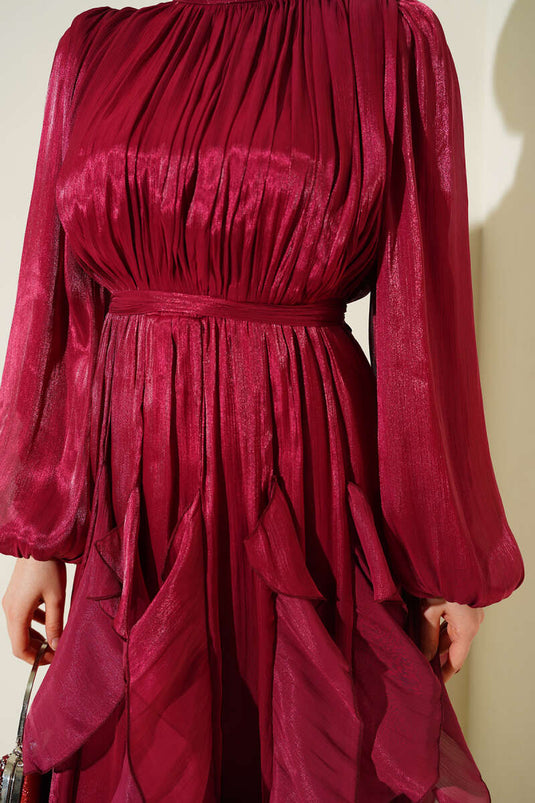 Robe de soirée bordeaux à volants avec fronces au col