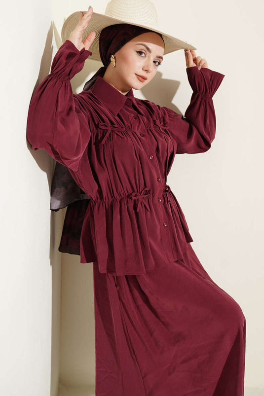 Two-Piece Set with Collar Ruching, Bow, and Skirt in Burgundy