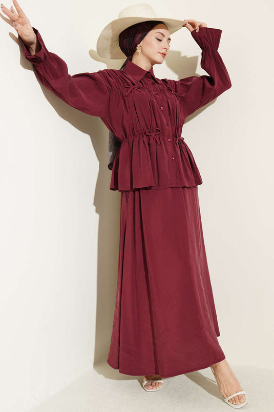 Two-Piece Set with Collar Ruching, Bow, and Skirt in Burgundy