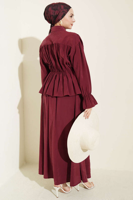 Two-Piece Set with Collar Ruching, Bow, and Skirt in Burgundy